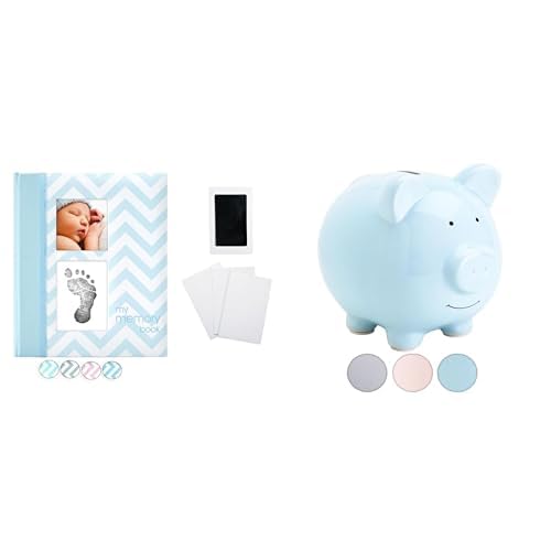 Pearhead Baby Growth and Savings Bundle - Memory Book & Light Blue Piggy Bank