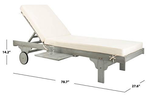 Image of SAFAVIEH Outdoor Collection Newport Grey / Beige Cushion Built-in Side Table Adjustable Chaise Lounge Chair