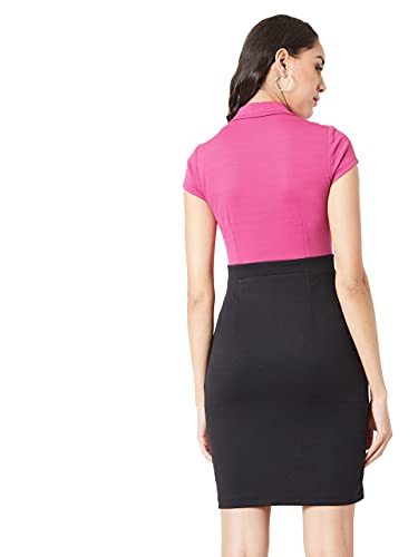 Image of Miss Chase Women's Magenta & Black Collared Short Sleeves Solid Bodycon Mini Dress