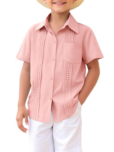 Image of Boys Guayabera Shirt Short Sleeve Button Down Casual Linen Shirt with Pockets for Summer Hawaiian Holiday 4-13Y