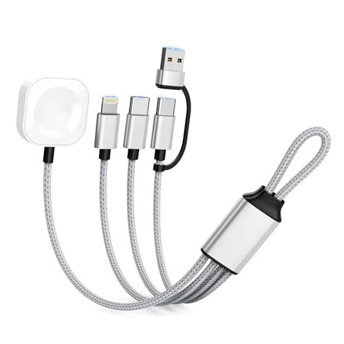 3 en 2 Cargador para Apple Watch –Versión Mejorada 20 cm Cable Carga Viaje, para iPhone/iWatch/Android, Cargador Trenzado Nailon para Apple Watch Serie 11/10/9 SE3/Ultra3 y iPhone 17/16/AirPods