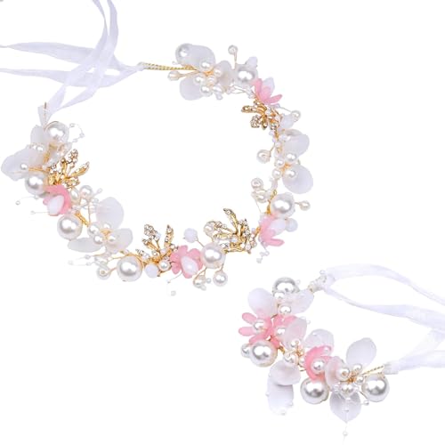 LAPOHI 2 tocados de flores de boda para niñas, accesorios para el cabello de niña de flores para boda, diadema de flores con diamantes de imitación, 1 unidad (paquete de 2), aleación de perlas de