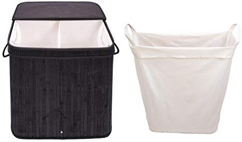 Adorn Home Essentials Rectangle Black Adorn Home Laundry Hamper with Attached Hinged Lid |Single and Double Cloth Handle on Basket and Liner | Collapsible Bamboo