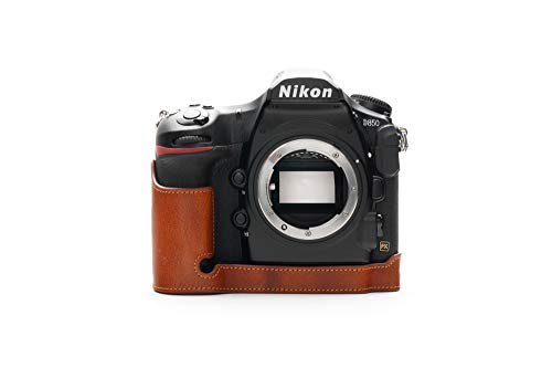 Nikon D850 Camera Case, BolinUS Handmade Genuine Real Leather Half Camera Case Bag Cover for Nikon D850 Camera Bottom Opening Version + Hand Strap (LavaBrown)