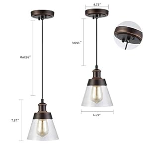 Rustic glass pendant light with handblown clear seeded glass shade one light adjustable industrial cone mini pendant lighting fixture for kitchen island cafe bar farmhouse oil rubbed bronze  urban country home decor