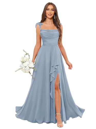 Dansiuey Dusty Blue Bridesmaid Dresses for Teens Long Spaghetti Straps Chiffon Pleated A-Line Formal Evening Party Gowns Size 0