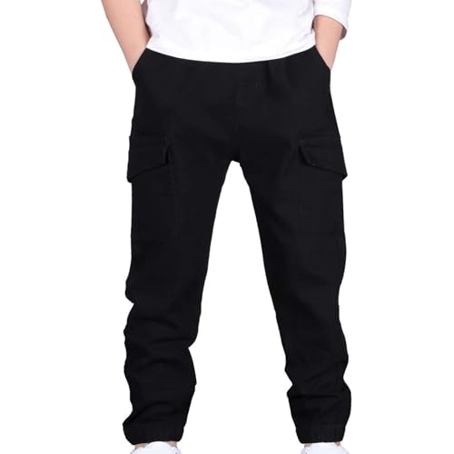 Pantalones térmicos para niños y jóvenes, pantalones cargo elásticos, cintura elástica, para niños escolares, Negro , 12-13 años