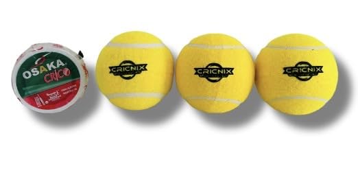 Classic Cricket Tennis Balls with Cricket Tape - 3 Pack (Each 70g Weighted Ball) | Tennis Balls Bulk with Bowling Tape | Tennis Balls with Sport Tape | Yellow Ball for Dog Toys