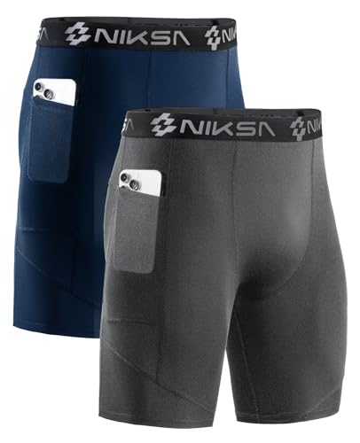 Image of Niksa 1 /2 Pack Mens Compression Shorts with Pocket, Performance Spandex Athletic Sports Workout Running Underwear Shorts