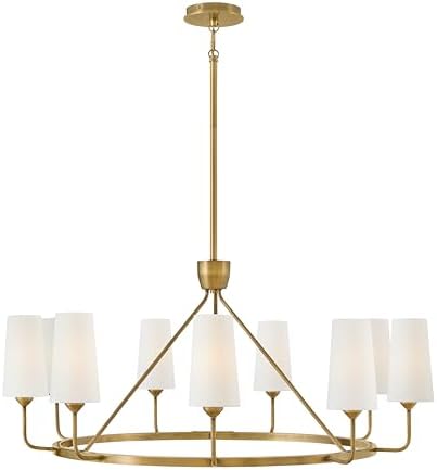 Hinkley Lewis 45009HB Large Single Tier Chandelier, Traditional 9-Light Round Hanging Fixture, Tall Tapered Drum Paper Shades, Slender Silhouette, Adjustable Height, in Heritage Brass