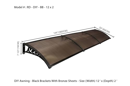 Image of CHENNAI Window Blinds and Shades DIY Polycarbonate Awning (Engineered Plastic Brackets) Window Sunshade Door Weather Shed Rain Canopy Awnings - 12'Widthx2'Depth (Black Brackets & Bronze Sheets)