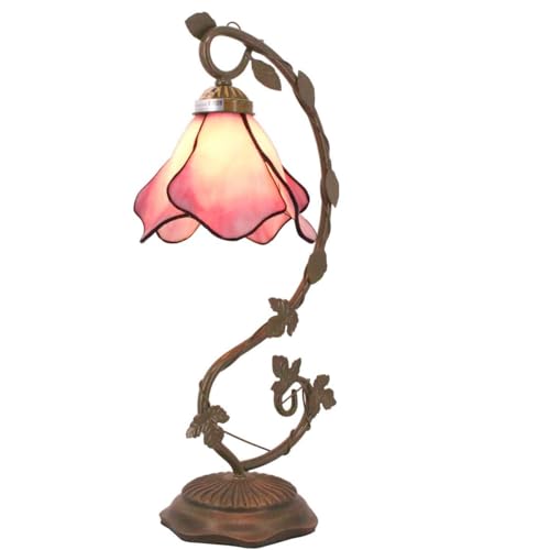 WERFACTORY Tiffany Lamp Pink Stained Glass Table Lamp, Metal Leaf Table Desk Reading Light 8X10X21 Inches Decor Small Space Bedroom Home Office S701 Series