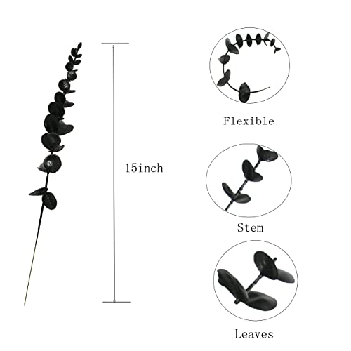 Image of Tinsow 65 PCS Black Faux Eucalyptus Leaves Halloween Artificial Flowers | Faux Eucalyptus Stems Real Touch Leaf Fake Eucalyptuses Wedding Bouquet Centerpiece Home Decor Party Decor