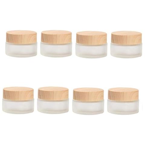 Healthcom 8 Pack 50 Gram/50 ml Round Empty Jars Frosted Glass Bottle Cosmetic Cream Jar Wood Grain Lid Cosmetic Container Glass Cream Box Refillable Lotion Cream Pot Jars for Makeup Lip Balm Eyeshadow Cover