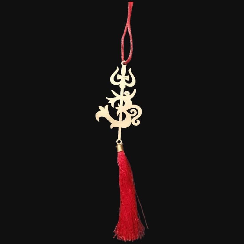 AUTODIFY OM with Trishul Car Mirror Hanging Decor: Brass & Red Threads Ornament for Car Interior, Gifts, Home Dcor, Positive Vibes