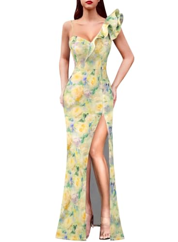 Image of VFSHOW Womens Ruffle One Shoulder Formal Prom Gala Maxi Dress Evening Gown | V Neck, Bodycon, Sexy High Slit, Long Cocktail Wedding Guest Dresses, Party, Bridesmaid
