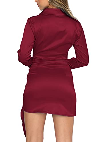 Image of LYANER Women's Stain Deep V Neck Button Down Tie Front Long Sleeve Mini Short Dress