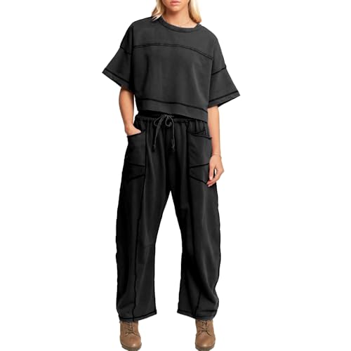 Talakeno Womens 2 Pieces Sweatsuit Set Cropped Boxy T Shirt