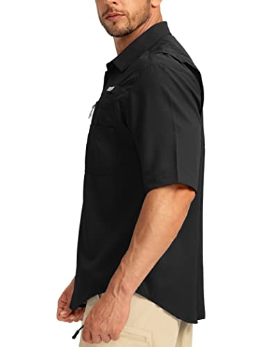 Men's Fishing Shirts With Zipper Pockets Upf 50+ Lightweight Cool Short Sleeve Button Down Shirts For Men Casual Hiking(Black, Large) #TOP2