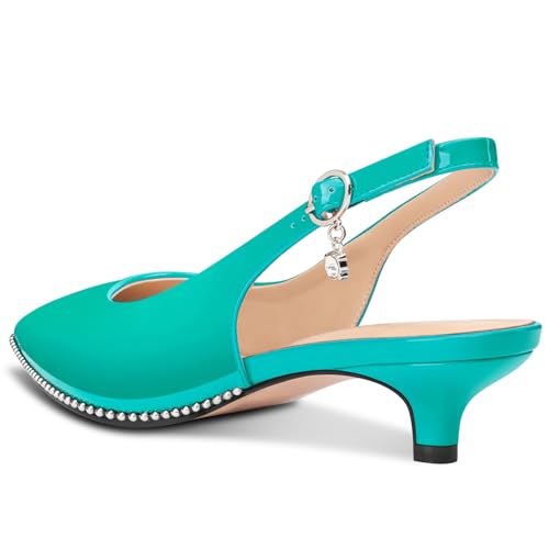 Image of TNYNFBEB Womens Low Kitten Heel Close Pointed Toe Pumps Slingback Silver Beaded Buckle Prom Party Dress Patent Leather 1.4 Inches Heels