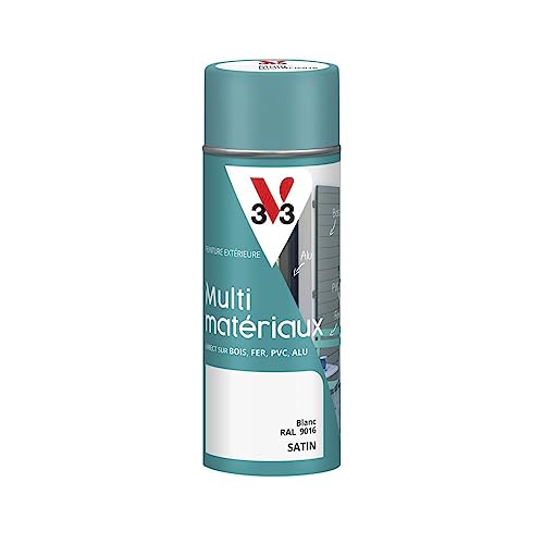 V33 - Aérosol - Bombe Peinture Extérieure Multi-matériaux - Peinture Antirouille - Mobiliers, Fenêtres, Portails, Grilles - Séchage Rapide et Tendu Bon - Teinte Blanc Satin - 400 ml