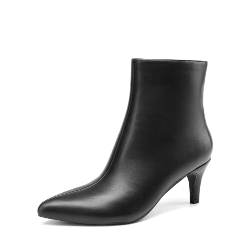 DREAM PAIRS Women's Kitten Heel Ankle Boots Pointed Toe Side Zipper Fall Leather Ankle Booties for Office Work 6 Black-pu