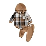 Douhoow Infant Baby Fall Clothes Boy Girl Plaid Hoodie Sweatshirt Romper Flannel Tops+ Sweatpants Festival Outfits (Brown, 0-6 Months)