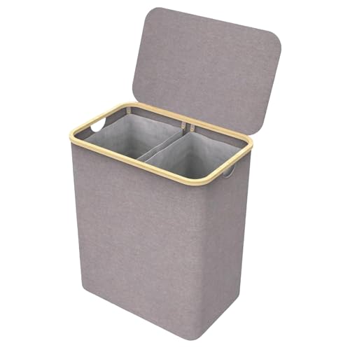 Cesto de Ropa Sucia de Bambú con Tapa y Asas - 1 o 2 Departamentos - Plegable, Bolsa Interior Lavable a Máquina - Solución Elegante y Práctica para la Lavandería cubo 150L (Tela 2 Departamento Gris)