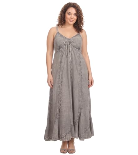 Image of Sakkas Allie Stonewashed Embroidered Adjustable Spaghetti Straps Long Dress