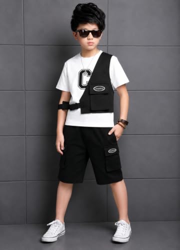 Image of Kids Boys 3-Piece Outfit Set | Half Sleeve T-Shirt, Utility Vest & Cargo Shorts with Cap | Stylish Casual Summer Clothing Set for Boys