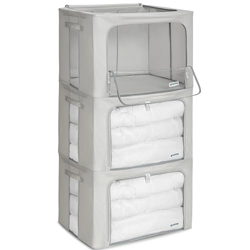 Image of 4CONVY Foldable Clothes Storage Boxes with Steel Frame - Stackable Storage Bags with Zipper - Collapsible Wardrobe Organiser for Clothes, Bedding with Clear Window & Durable Handles - 3x100L