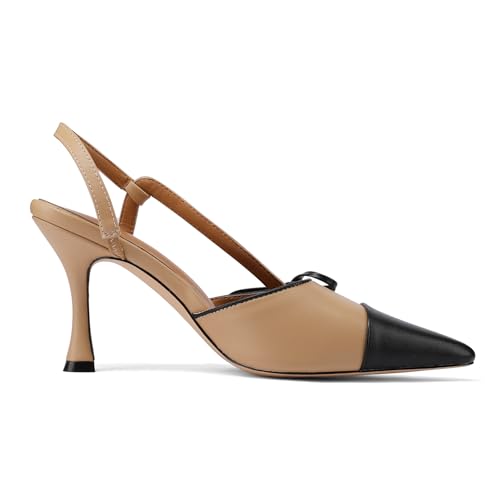 Women's Bow Tie Slingback Pumps Patchwork Stiletto Heels Pointed Toe Two-Tone Dress Party 3.35 Inch Heeled Sandals3