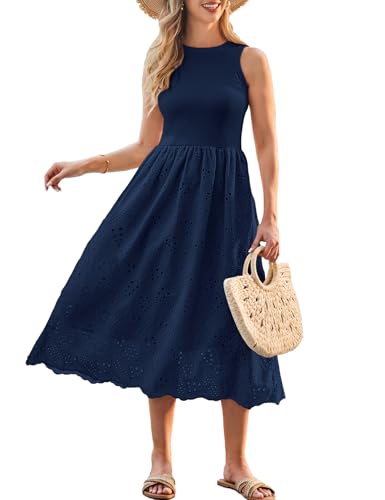 GRACE KARIN Women's Summer Sleeveless Tank Dress A Line Midi Dress Eyelet Crewneck Casual Holiday Dress with Pockets