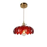 AULLAZFR Retro Vintage Red Duty Heavy Glass Pendant Lights Fixtures 9.6 In/245mm Diameter Round Lampshade and Gold Brass with Switch ON/Off Pendant Hanging Lamp for Farmhouse(Red)