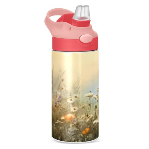 Waassud Botella de agua aislada con pajilla, botellas de agua de acero inoxidable a prueba de fugas para flores artísticas, 12 onzas