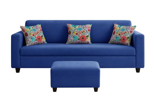 Image of Rosebell 3 Seater Sofa with Ottoman | Living Room Couch | with Printed Cushions | Sofa for Home, Apartment & Office-Blue Color