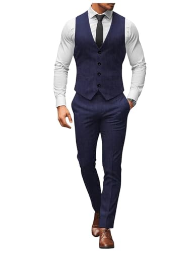 Ensemble en lin pour homme bleu marine léger gilet pantalon ajusté L