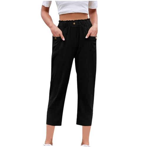 Women's Casual Tapered Pants Cotton Linen Loose Comfy Ankle Trousers Summer Elastic Waist Baggy Slacks with Pocket Black