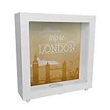 Lieferumfang: 1x Rahmen Spardose aus Holz mit schönem Motiv und Text - Trip to London in gelb