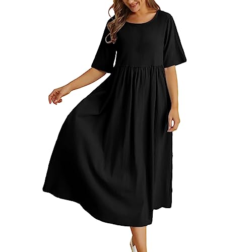 Wickelkleid Hochzeit Baumwolle Leinen mit Rundhalsausschnitt Fünf-Punkt-Ärmeln. Großes Maxikleid Sommerkleid A Linie (Black, XXL)