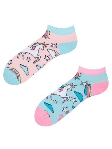 Dedoles Sneaker Socken Low Cut Füßlinge Unisex Damen Herren Baumwolle lustiges Design Geschenk links rechts verschieden Farbe Rosa Motiv Regenbogen-Einhorn Knöchelsocken Gr. 39-42