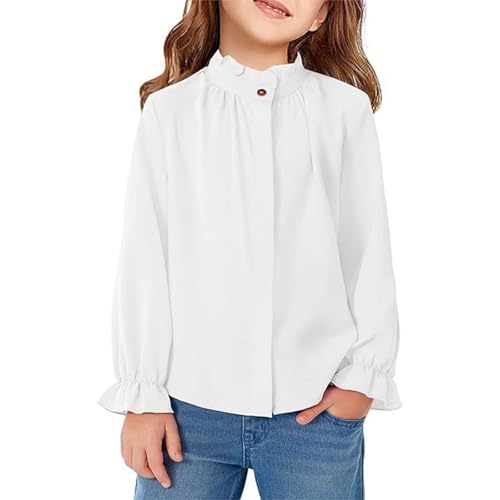 Girls Ruffle Long Sleeve Shirts Puff Solid Color Button Neck Cute School Tees Blouse Teen Summer Casual Plain Tops
