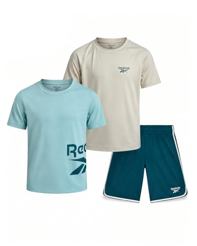 Image of Reebok Boys Athletic Shorts Set - 3 Piece Summer Clothes Outfit with Graphic Tees and Boys Running Shorts for Active Kids