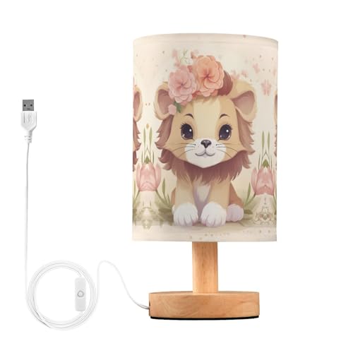 Image of KEIGE Cute Lion Table Lamp for Bedroom Nightstand,LED Desk Reading Lamp with Linen Lamp Shade, Wooden Bedside Lamp for Living Room, Dorm, Home Office,A112412
