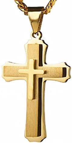putouzip 18K Gold Iced Out Cross Pendant 316L Stainless Steel Cuban Link Chain Necklace For Men Women (Gold)