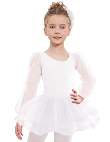 Arshiner Vestido de Ballet para niñas, Vestido de Ballet de Manga Larga, Maillot de Danza Tutú Infantil de algodón, Body de Baile con tutú de 3 Capas, Blanco, 130, 3-4 años
