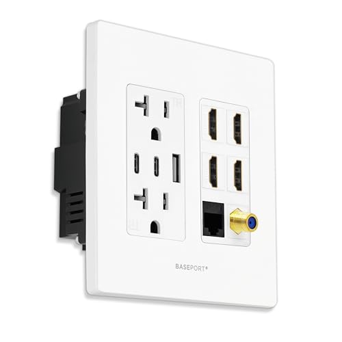 BASEPORT Premium Media Wall Outlet | Dual 6.3A USB-A 2.0 Ports - 1 USB-C 3.0 Port - 4 HDMI - Cat6 Ethernet - 20A Dual Power Outlet - Coax Cable - White Face Plate