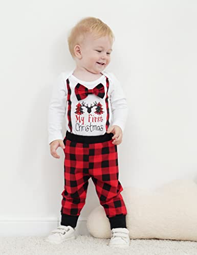 My First Christmas Outfit Infant Baby Boy Christmas Romper Red Plaid Pants with Hat Newborn boys Clothing Sets3