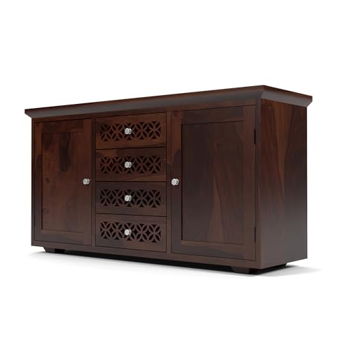 Image of Solid Sheesham Wood Wooden Sideboard Storage Cabinet : Ideal for Living Room and Bedroom with 4 Drawers and 2-Shelf Storage (Cambrey, Walnut Finish)