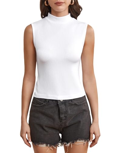 Image of Women's Mock Turtleneck Top Sleeveless Solid Rib Knit Form Fitting Scoop Tank Tops Basic Cami Shirts
